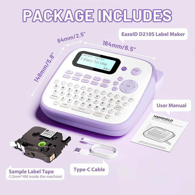 D210S Label Maker Machine with-Tape, Label Maker Waterproof-Labels | 12mm Portable Labeler Purple for Teachers Kids, Desktop Labeler with Multiple Symbols &Fonts for Home Office School Supplies