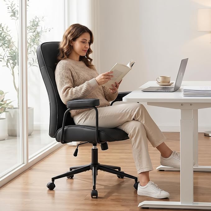 Leather Office Chair, Comfy Home Office Desk Chair, Mid Century Modern Office Chair with Lumbar Support, Mid-Back Adjustable Swivel Computer Chair with Wheels and Arms, Black