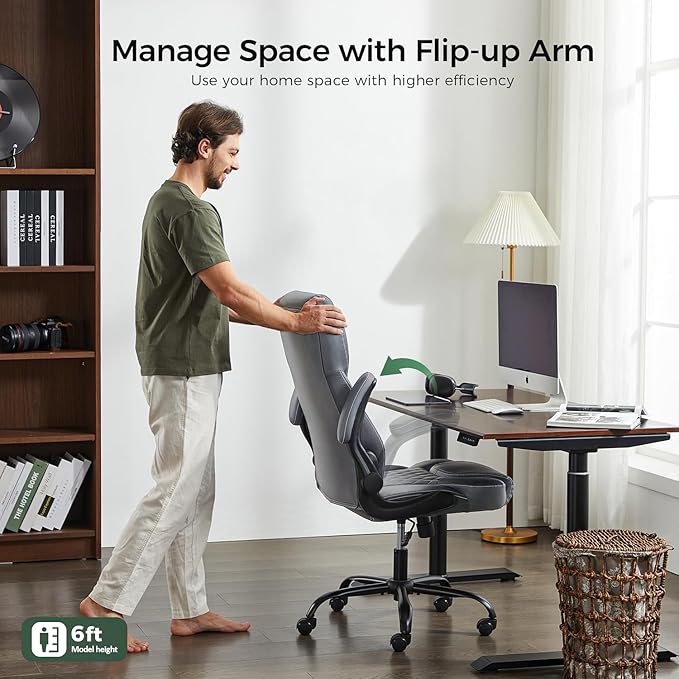 amseatec Big and Tall Office Chair, Flip-Up, Executive Desk Chair, Grey | Ergonomic Leather High Back, Lumbar Support, 90 °Lock, 115° Tilt, 20 Spring Packs, 300lbs Capacity, Wide Seat/Smooth Casters