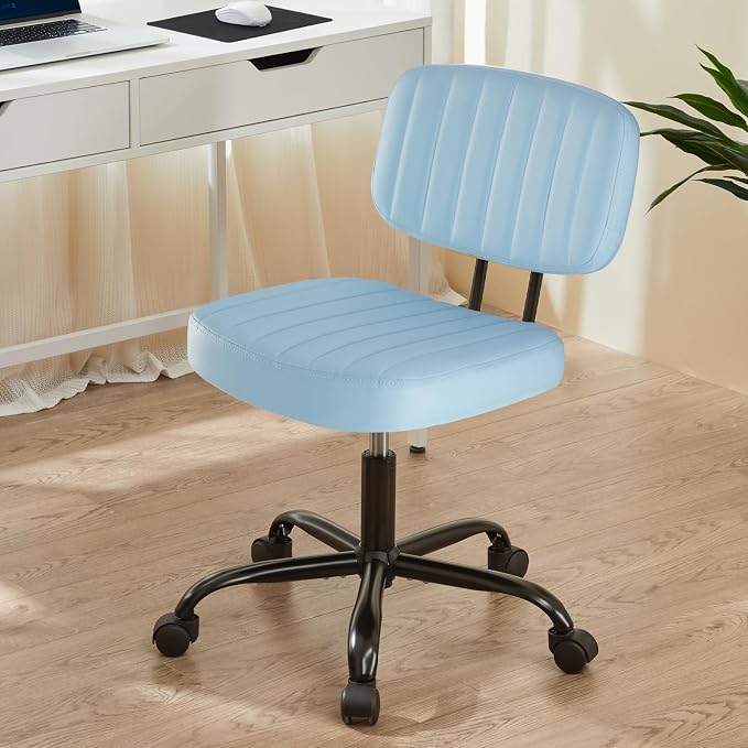 DUMOS Armless Office Chair, Small Home Desk Chair, Lumbar Support | PU Leather Low Back, Height Adjustable, 360 Swivel Wheels, Armless Computer Task Executive, Blue