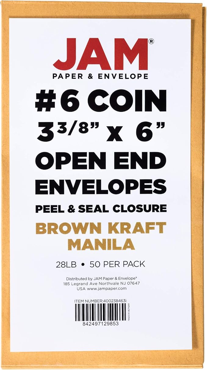 JAM PAPER #6 Coin Business Envelopes with Peel and Seal Closure - 3 3/8 x 6 - Brown Kraft Manila - 50/Pack