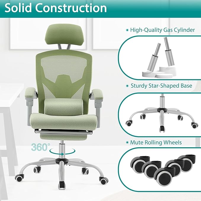 DUMOS Home Office Desk Chair with Footrest, High-Back Mesh Rolling Swivel Reclining Chairs with Wheels, Comfortable Headrest, Lumbar Support, Comfy Arms for Home, Office, Gaming, Elegant Green