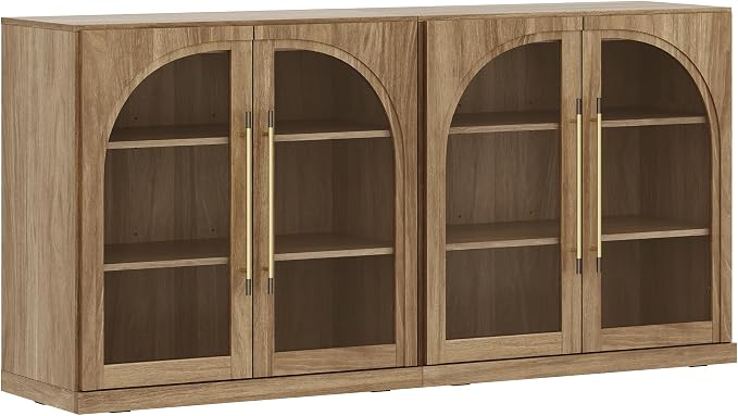 BELLEZE 3 Tier Bookshelf with Arched Glass Door, Set of 2 Modern Display Bookcase Shelf with Storage and Adjustable Shelves, 65'' Wood Bookshelves for Living Room Office Entryway (Camel)