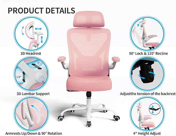 Ergonomic Office Chair: Mesh Desk Chair Comfy with Headrest& Lumbar Support | Ergalithic Big and Tall Office Chairs with Wheels & Flip-Up Arms-Computer Gaming Chairs for Adults Home Office Chairs(Pink)