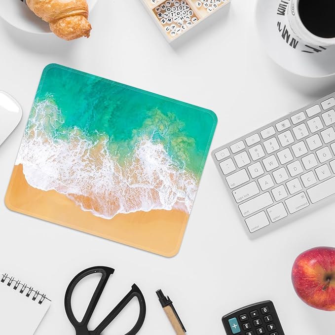 Mouse Pad with Stitched Edges - Ocean Beach Mousepad for Women, 9.25 x 7.75 inch Washable Square Desk Pad, Non-Slip Rubber Base, Office Home Laptop Accessories - Ocean Serenity