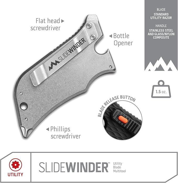 Outdoor Edge SlideWinder - Utility Knife Multitool with Standard Replaceable Razor Blade, Screwdrivers, Prybar, Bottle Opener and Pocket Clip with Locking Auto-Retracting Blade