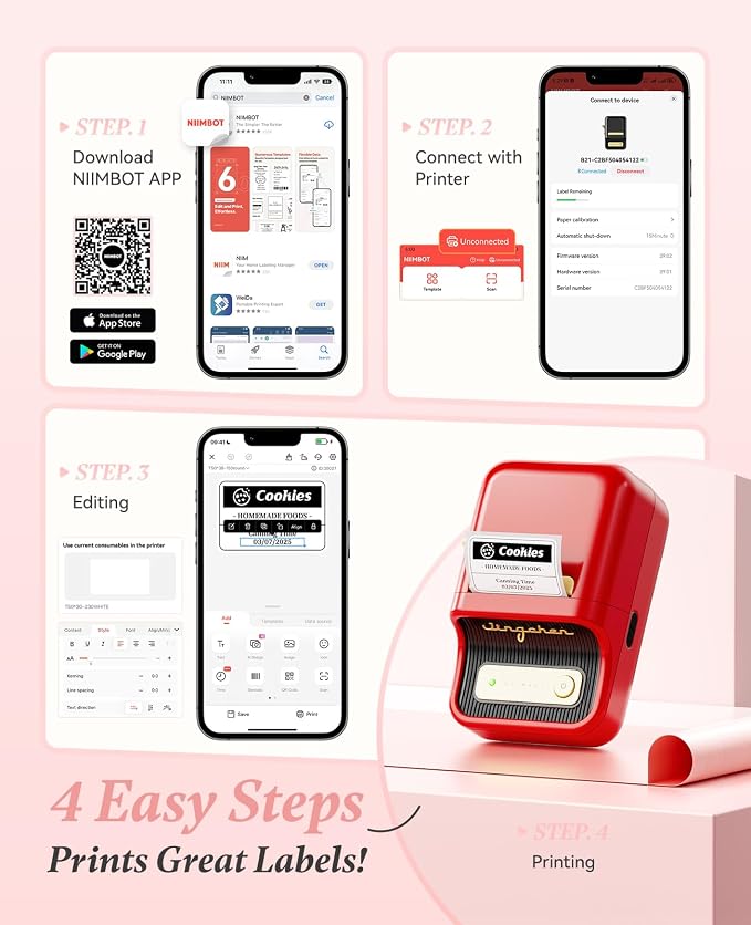 NIIMBOT B21 Label Printer,Bluetooth Thermal Label Maker,Ideal for Home Organization,Business,Ofice,50x30mm Labels,230Pcs(Red) | Thermal Label Printer with 1 Pack 50x30mm White Label for Home/Office/Business, Compatible with iOS & Android