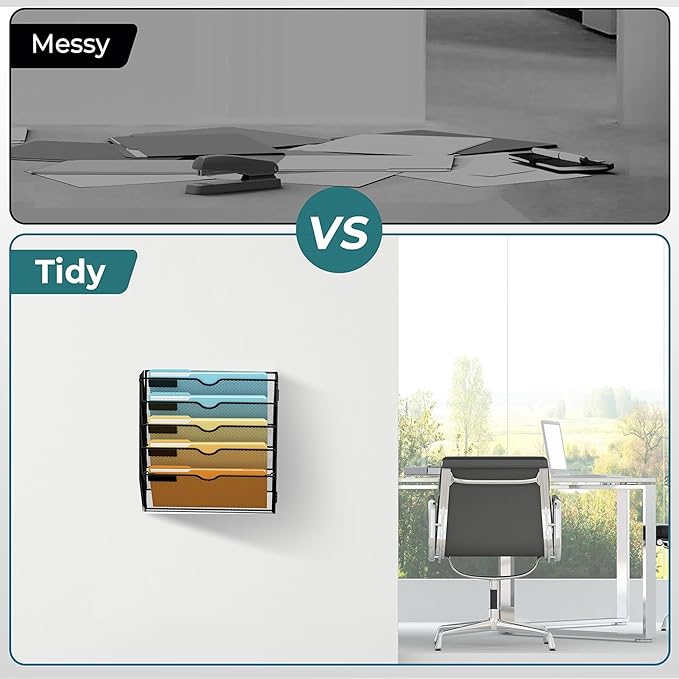 SUPEASY Wall File Organizer Mesh Office Mail Holder, Hanging Wall Organizer Magazine Rack for Office Black, 5 Tier, 2Pack