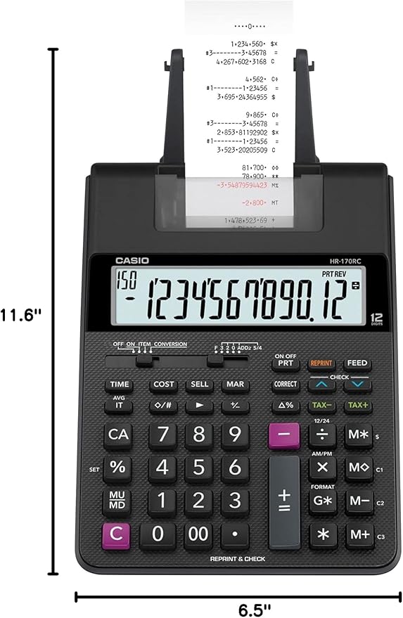 Casio HR-170RC Printing Calculator, Black, 2.6" x 6.5" x 11.6"