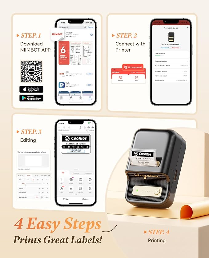 NIIMBOT B21 Label Maker, 2 Inch Portable Inkless Label Machine, Black | Thermal Label Printer with 1 Pack 50x30mm White Label for Home/Office/Business, Compatible with iOS & Android
