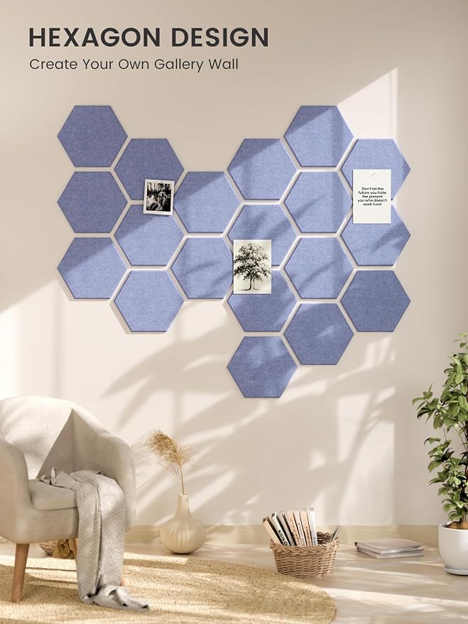 Fluxynara 8-Pack Hexagon Felt Bulletin Board Tiles, Soft Periwinkle | Cork Board Alternative with 50 Adhesive Tabs for Notes, Photos and Reminders in Home Offices, Dorm and Classrooms