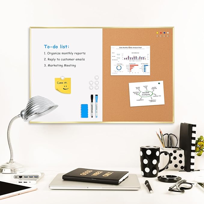 Magnetic Dry Erase White Board & Cork Board Combo, 24"x18", Wall Mounted | Gold Aluminum Frame, Dry Erase Board and Cork Bulletin Board, Vision Board, for Home Office, School, Kitchen