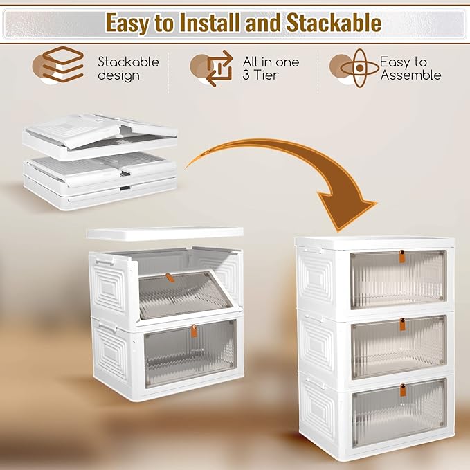 3 Tier Stackable Storage Bins with Lids, 23Qt Plastic Storage Containers with Magnetic Doors & Wheels, Convenient Storage Bins Closet Organizers, Household Organization for Home, Party, Office, Dorm
