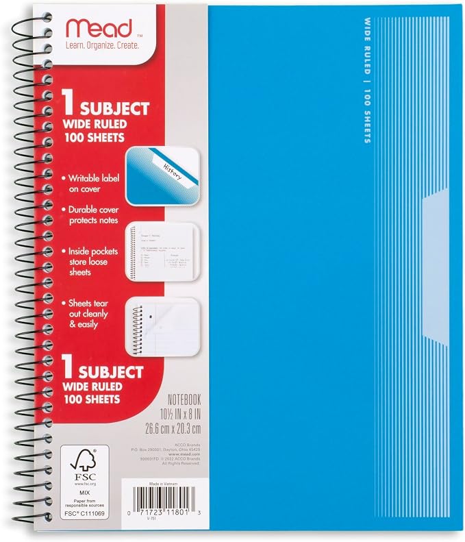 Mead Spiral Notebooks, 1 Subject, Wide Ruled Paper, 8" x 10-1/2", 100 Sheets, Assorted Colors, 5 Pack (930093)