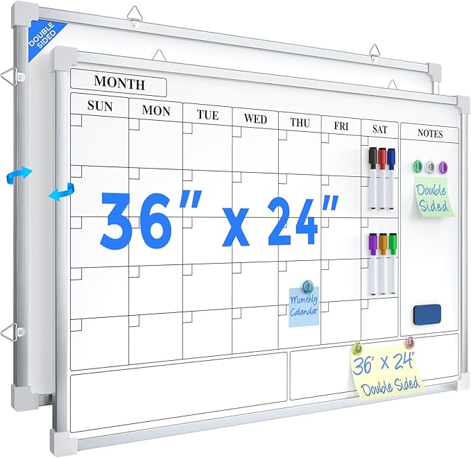 MaxGear Large Monthly Dry Erase Board for Wall, 36"x24" Magnetic Double-Sided White Board Calendar, Hanging Whiteboard for Planning, Drawing, Memo, to Do List - School, Home, Kitchen, Office