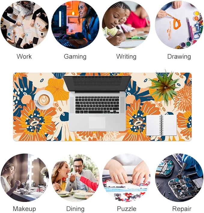 QiyI PU Leather Large Mouse Pad, Office Decor, 31.5" x 11.8", Orange Flower | Desk Décor Accessories, Extended Size, Waterproof & Easy to Clean, Smooth Surface, Non Slip Desk Organization