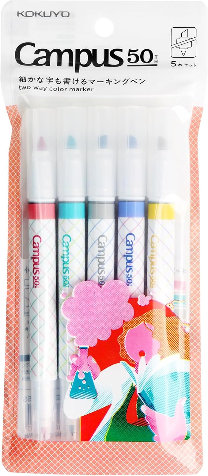 KOKUYO 2-Way Highlighter 5 Colors Set. Mark+ Dual Way of Point Types, 5 Pack of Pink. Japan Import (50th Anni. Assorted)