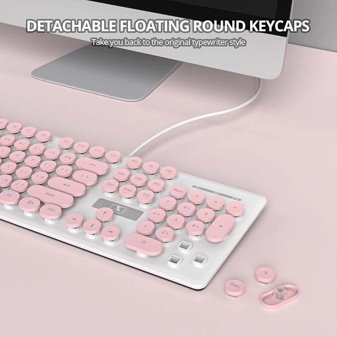 surmen Cute Quiet Keyboard Pink Wired Typewriter Keyboard, Light Up Backlit PC Keyboards with Retro Round Keys Full Size 104 Keys for Office Computer (Pink)