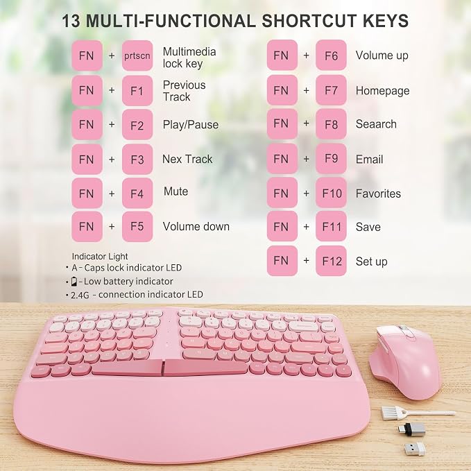 Ergonomic Wireless Keyboard Mouse, Gaming Typewriter Set with Wrist Rest | Compatible With All windows and Type C Computer,With OTG & Long Clean Bruch,Ideal for PC, Home, Office and College
