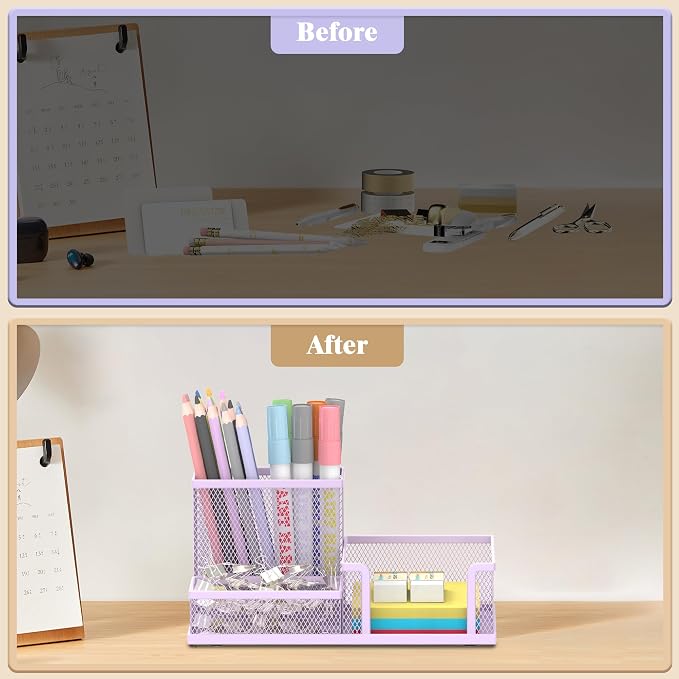 Mesh Pen Holder Desk Organizer, Office Supplies Pencil Storage with 3 Compartments, Office Desk Accessories and Workspace Organizers for Home School Classroom, Purple