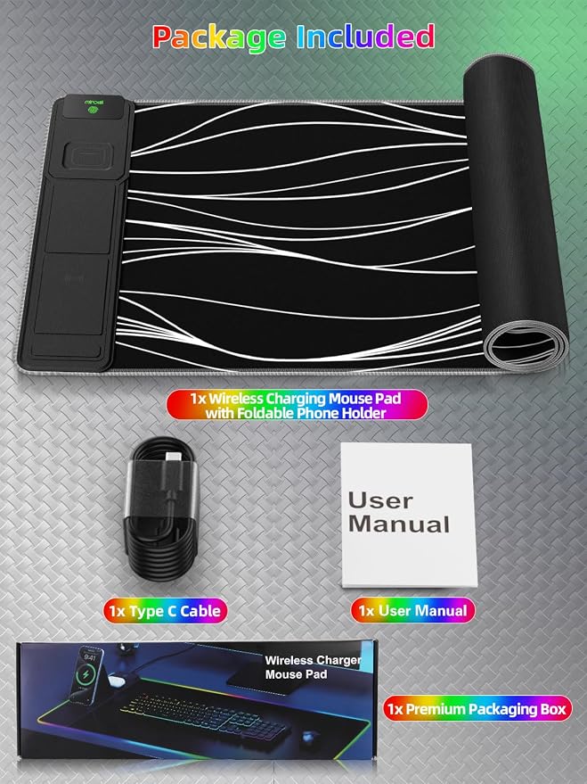 Mouse Pad with Foldable Phone Holder & Wireless Charger, XXL RGB Gaming Mousepad 31.5"x15.8" Large Desk Mat for Keyboard, Black Desk Pad with Dual Qi Charging Station | 11 Colors 5 Modes