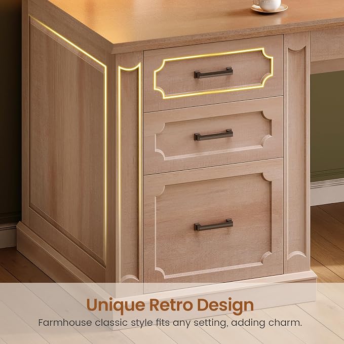 SEDETA Farmhouse 70.9" Executive Desk, Home Office Desk with File Drawers and Storage Cabinet, Computer Desk with Power Outlet for Home Office, Work Study Writing, Oak