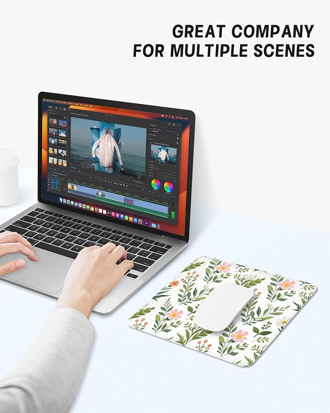 Mouse Pad, Cute Mouse Mat, 10" x 8", Cute Green Leaf -03 | Square Waterproof Gaming Computer Mat, Textured Top, Stitched Edges, Non-Slip Rubber Base for Office Home Laptop Keyboard