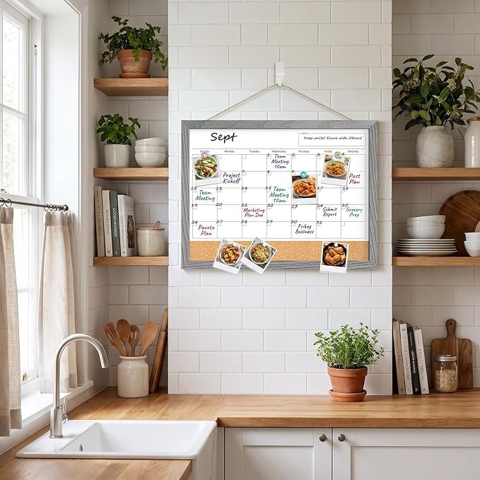Whiteboard Calendar, 24x18 Hanging Dry Erase Calendar for Wall | Magnetic, With Cork Board, Hangable, Wooden Frame, Ideal for Dorm Room, Office, Kitchen, Bedroom, Home, School, Classroom