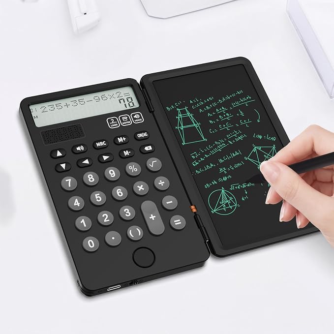 NEWYES Calculator with Writing Tablet, LCD Writing Pad and Stylus Pen, Solar & Battery Powered Calculator for Office School Students, Black Pro