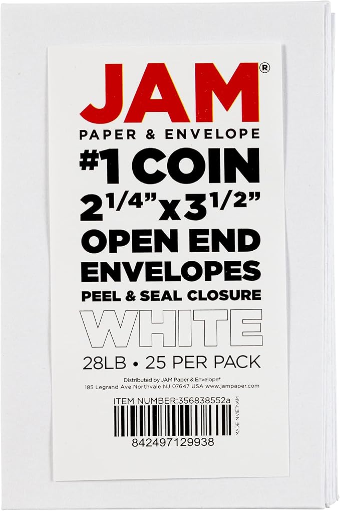 JAM PAPER #1 Coin Business Envelopes with Peel and Seal Closure - 2 1/4 x 3 1/2 - White - 100/Pack