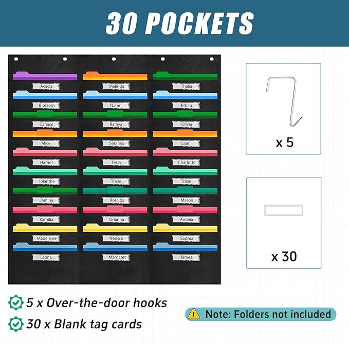 File Storage Pocket Chart with Nametag 30 Pockets,Hanging Wall File Organizer for Classroom and Office, Organize Your Assignments, Files, Scrapbooks, Paper