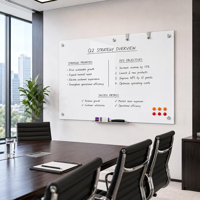 MaxGear Glass Whiteboard Tempered Glass Magnetic Dry Erase Board 60" x 40" | Tempered Glass, Sleek Modern Design, Smooth Writing, Easy Erase, Magnetic Surface, Frameless Design, Wall Mounted, Office Use