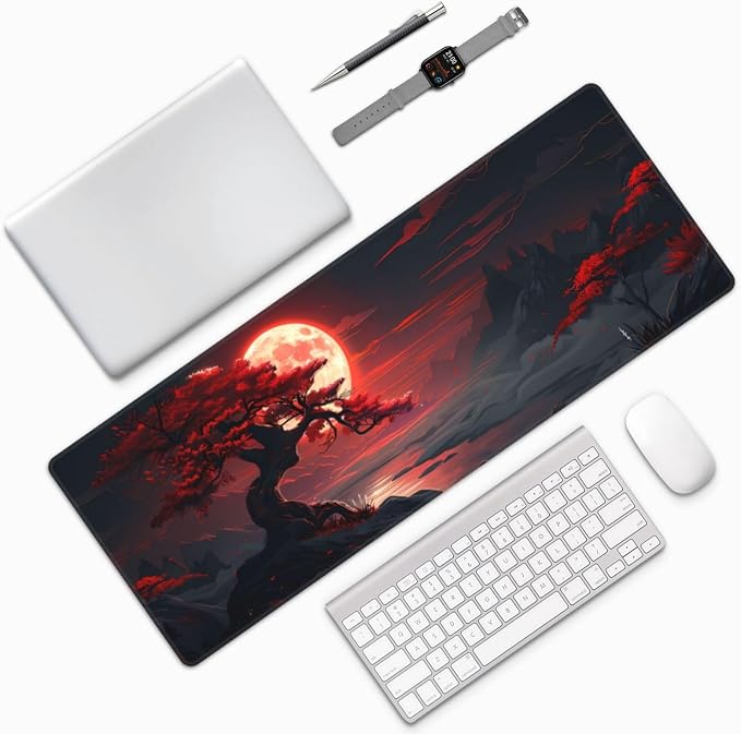 Gaming Mouse Pad Desk Pad,Extended Big Mouse Pad,31.5x11.8 Inch Long Computer Keyboard Mouse Mat Mousepad with 3mm Non-Slip Base and Stitched Edge for Gaming and Office⦠(Red Moon Canyon)