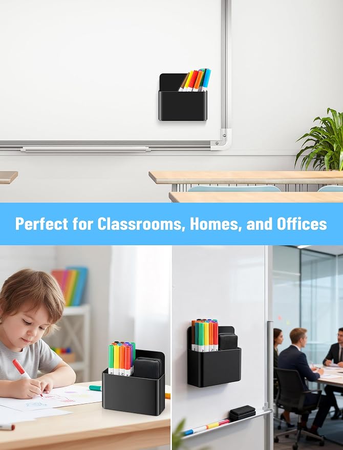 NiArt 12 Colors Dry Erase Marker, Fine Tip Whiteboard Set w/Eraser & Holder | Black Magnetic Organizer Sticks Securely to Whiteboards Paired with Smooth Low-Odor Non-Toxic Ink Pens