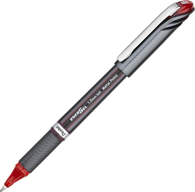 Pentel ENER-GEL NV Liquid gel Pen, (1.0mm) Bold Line Capped, Metal Tip, Red Ink, Box of 12 (BL30-B)