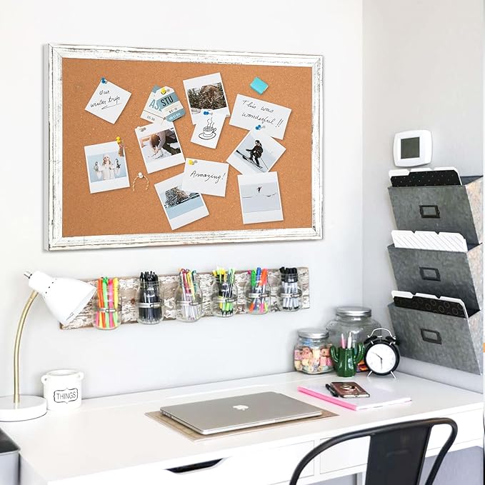 DOLLAR BOSS White Cork Board, 24" X 18" Rustic Framed Bulletin Board | Decorative Pin Board, Wall Hanging, For Office & Home Decor Memo Display, With Pins