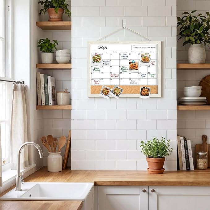Dry Erase Calendar for Wall, 17x13 Hanging Whiteboard Calendar | Magnetic, With Cork Board, Hangable, Wooden Frame, Ideal for Dorm Room, Office, Kitchen, Bedroom, Home, School, Classroom