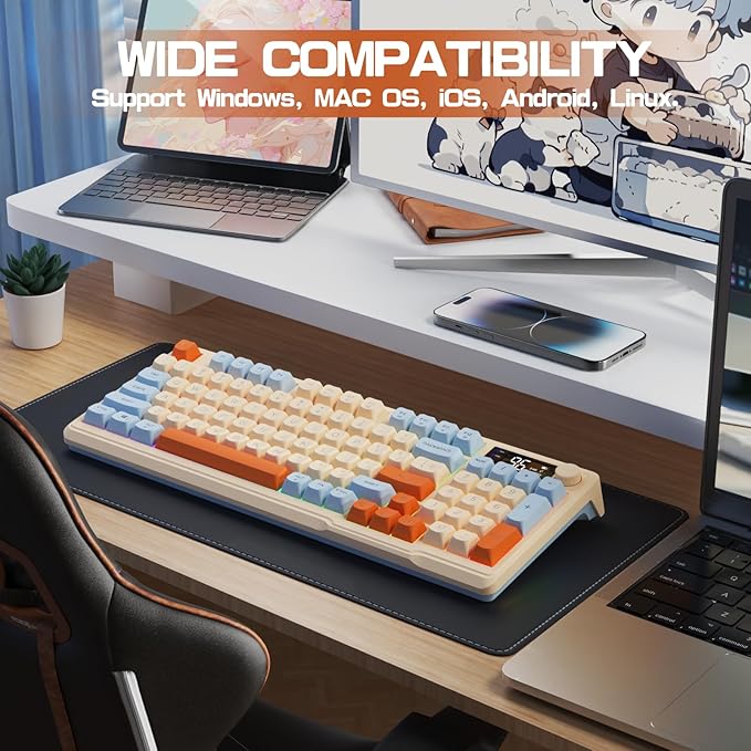 LexonElec M96 Wireless Gaming Keyboard,Knob Control Bluetooth/2.4G Wireless Mechanical Feeling Keyboard,RGB LED Backlit with Display Screen, PBT Keycap, 3000mAh, 94-Key Layout for Win/Mac (Blueberry)