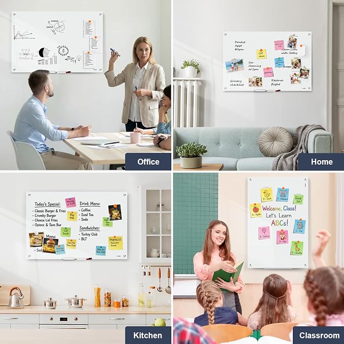 Glass Whiteboard 36x24 Magnetic White Board Dry Erase Board for Wall | Magnetic Surface, Dry Erase, Large Frameless Glass Whiteboard, Ideal for Office Home School Classroom Kitchen