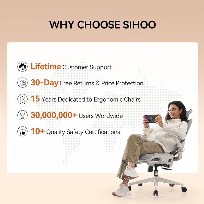 SIHOO B100 Mesh Ergonomic Office Chair with Adaptive Lumbar Support | Desk Chair with Wide Headrest, Flip-up Armrests, Swivel Desk Chair for Long Hours, Grey
