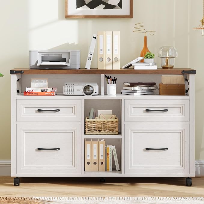 Halitaa Farmhouse Filing Cabinet with Adjustable Shelf & Wheels, Off White | Lateral File Cabinets, Office Storage Cabinet with 4 Drawers, Open Storage Space, for Hanging Files A4/Letter for Home Office