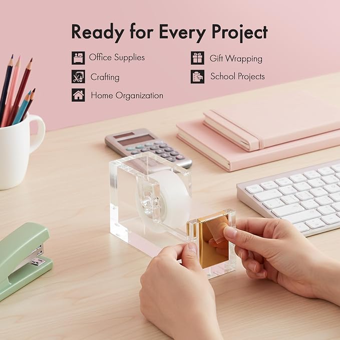 OfficeGoods Acrylic Tape Dispenser, Aesthetic and Compact Design, Gold | Modern desk accessory for office, Heavy duty refillable tape holder for crafting, Stylish desktop accessory for gift wrapping