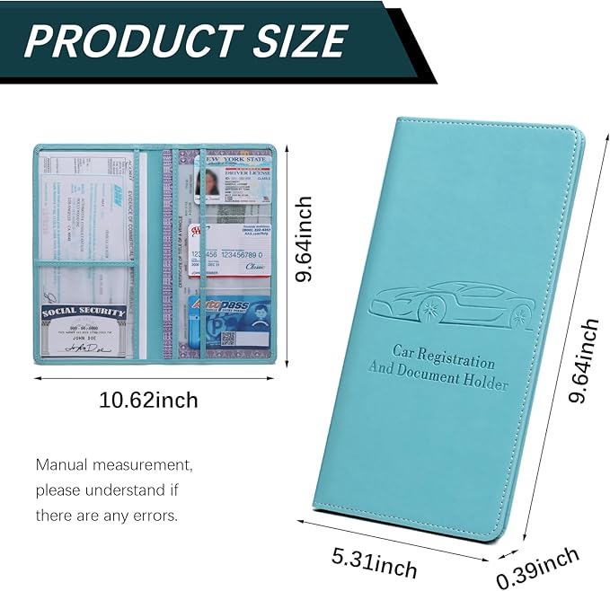 Car Registration and Insurance Card Holder for Women Men, Blue Glove Box Paperwork Organizer with Magnetic Buckle for Easy Access and Protect Documents and Various Cards in Vehicle
