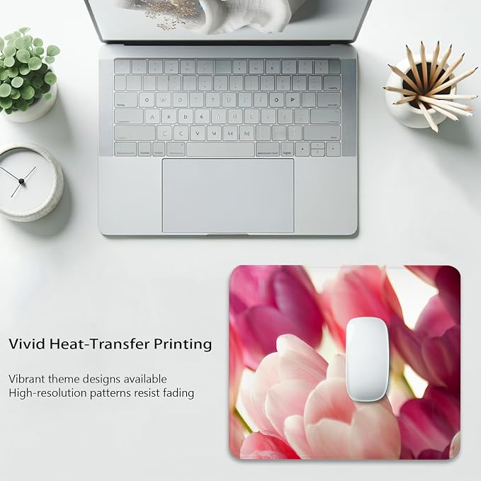 Floral Mouse Pad, Close-up of Pink and White Tulips Flowers Desk Mat | Cute Mousepad Stitched, Anti-Slip Base Smooth Surface, 9.5 x 7.9 Inches