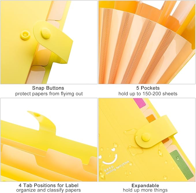 Forvencer Accordion File Organizer, 5 Pocket Expanding File Folder, Letter | Cute File Folder with Labels, Portable File Organizer for School Office Supplies, Folders for Documents, Bright Yellow