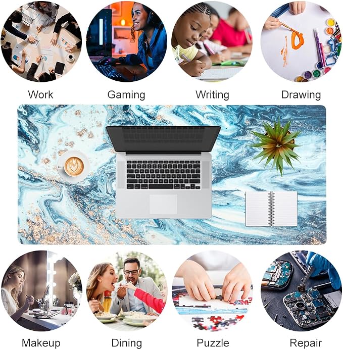QiyI PU Leather Large Mouse Pad, Office Decor, 31.5" x 15.7", Blue Marble | Desk Décor Accessories, Extended Size, Waterproof & Easy to Clean, Smooth Surface, Non Slip Desk Organization