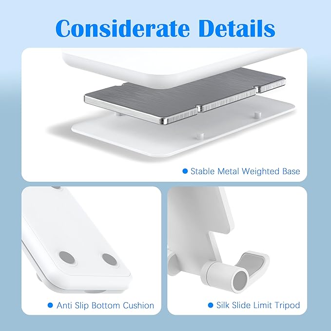 Cell Phone Stand, Adjustable Angle and Height Cell Phone Holder for Desk, Foldable and Portable, Anti-Slip Silicone Pad, Compatible with All Mobile Phones and 4-8 Inch Devices (White&White)