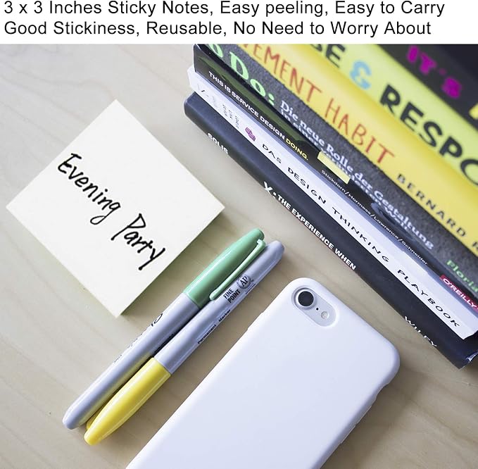 White Sticky Notes, 6 Pads, 3 X 3 Inch, 100 Sheets/Pad, Self-Stick Notes Pads, Easy Post Notes for Office, School, Home (White)