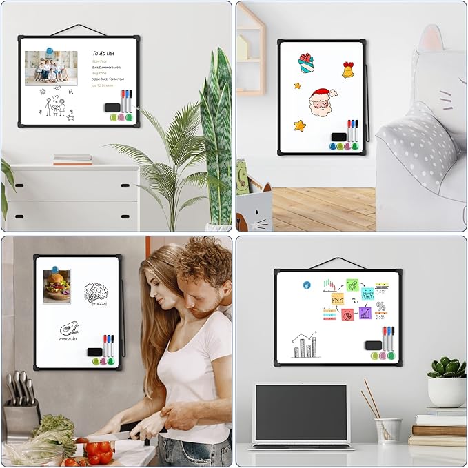 MaxGear Double-Sided Dry Erase Board for Wall, 16"x12", Black Frame | Small White Board, Includes 3 Markers & 4 Magnets, Portable hanging Whiteboard for Home, Office, Double Sided Tapes Included