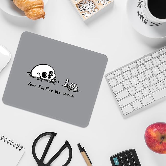 Mouse Pad with Stitched Edges - Funny Skull Mousepad for Women, 9.25 x 7.75 inch Washable Square Desk Pad, Non-Slip Rubber Base, Office Home Laptop Accessories - No Worries Skull